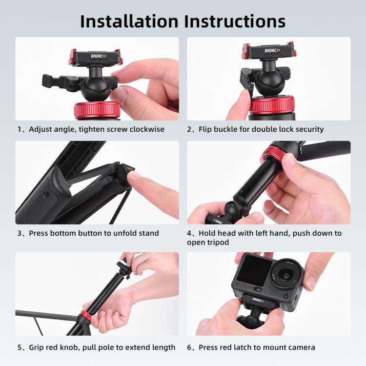 For DJI Osmo Action 3 / 4 / 5 Pro BRDRC 1.6m Ball Head Quick-release Tripod Extension Selfie Stick