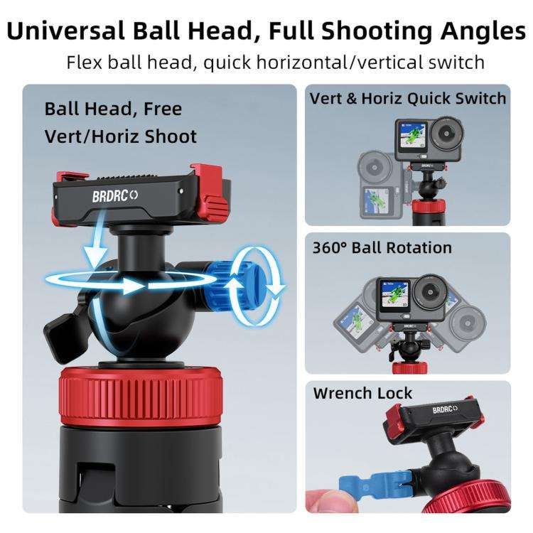 For DJI Osmo Action 3 / 4 / 5 Pro BRDRC 1.6m Ball Head Quick-release Tripod Extension Selfie Stick