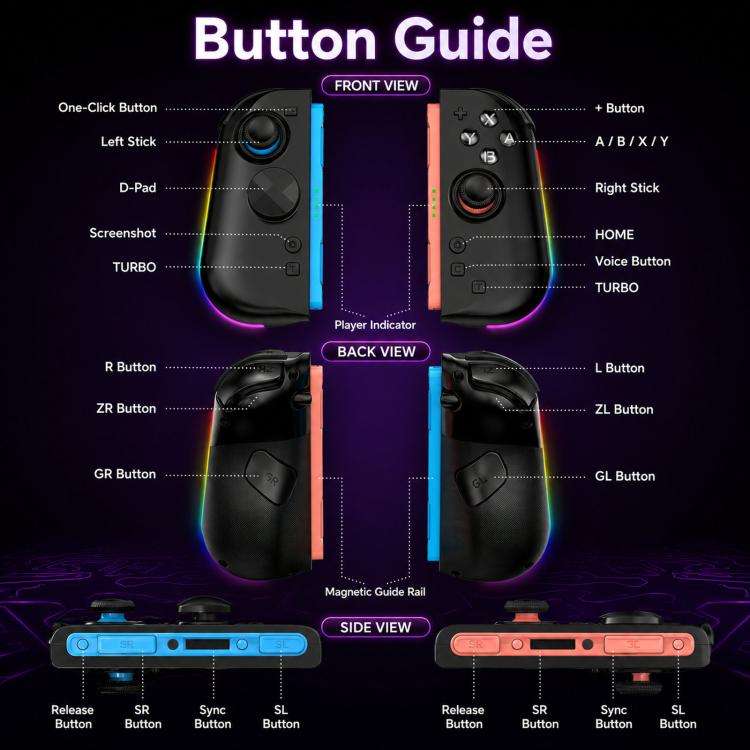 For Nintendo Switch 2 Left + Right Magnetic Controllers 9-Axis RGB Motion-Sensing Hall-Effect Joy...