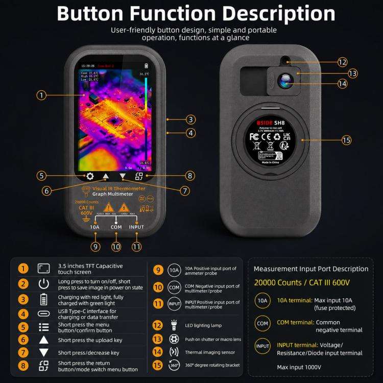 BSIDE SH8 Thermal Imaging Multimeter 2 In 1 Touchscreen HD Infrared Thermometer, Spec: With Mount...