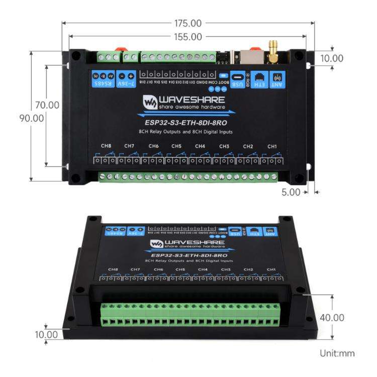 Waveshare ESP32-S3 Industrial Control Board With 8-Channel Wi-Fi Network Relays, Version: Standar...