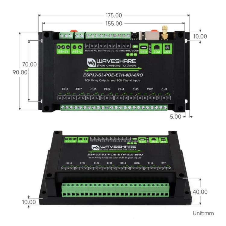 Waveshare ESP32-S3 Industrial Control Board With 8-Channel Wi-Fi Network Relays, Version: PoE Port
