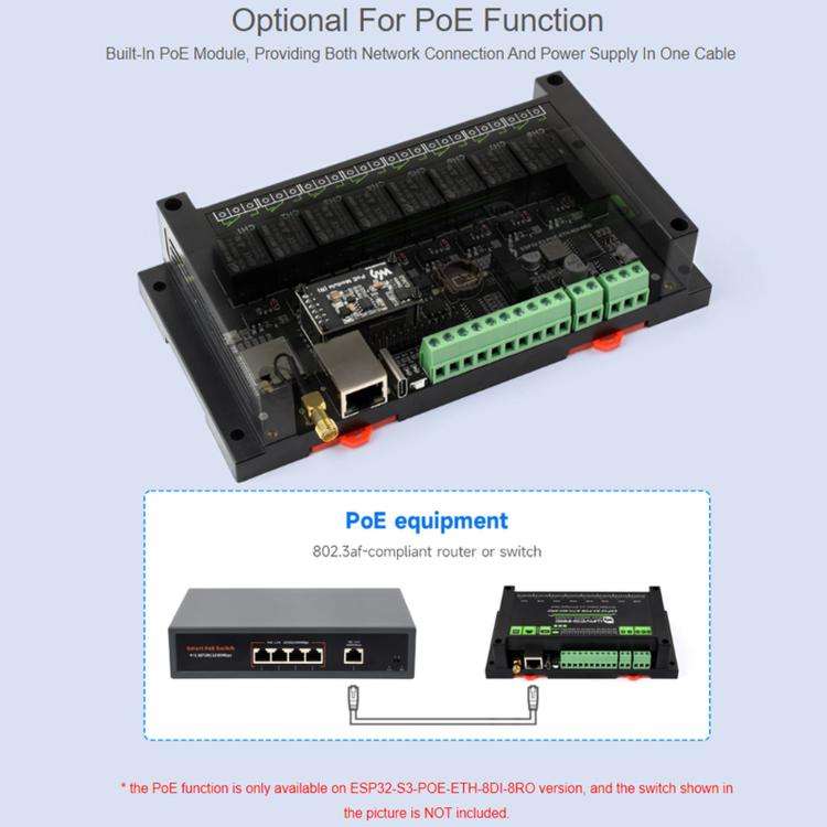 Waveshare ESP32-S3 Industrial Control Board With 8-Channel Wi-Fi Network Relays, Version: PoE Port