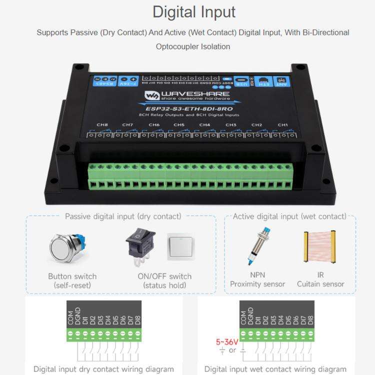 Waveshare ESP32-S3 Industrial Control Board With 8-Channel Wi-Fi Network Relays, Version: Standar...