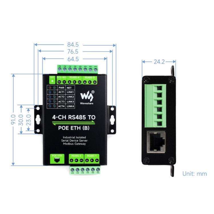 WAVESHARE 4-Ch RS485 To RJ45 Ethernet Serial Server, 4 Channels RS485 Independent Operation, Rail...