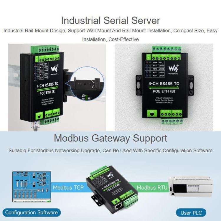 WAVESHARE 4-Ch RS485 To RJ45 Ethernet Serial Server, 4 Channels RS485 Independent Operation, Rail...