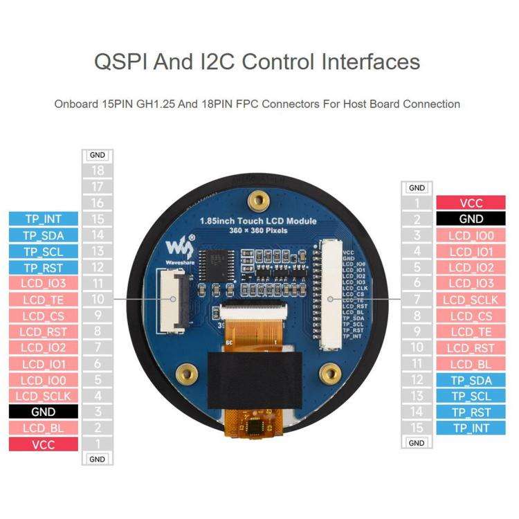 WAVESHARE 1.85 inch Touch LCD Display Module, 360 x 360 Resolution, 262K Color, QSPI And I2C Comm...