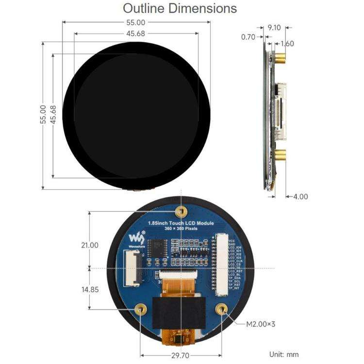 WAVESHARE 1.85 inch Touch LCD Display Module, 360 x 360 Resolution, 262K Color, QSPI And I2C Comm...