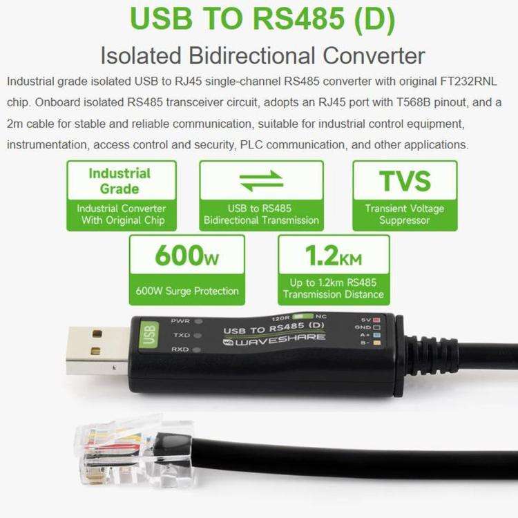 WAVESHARE USB To RS485 (D) Industrial Grade Isolated Bidirectional Converter, 2m Length, FT232RNL...