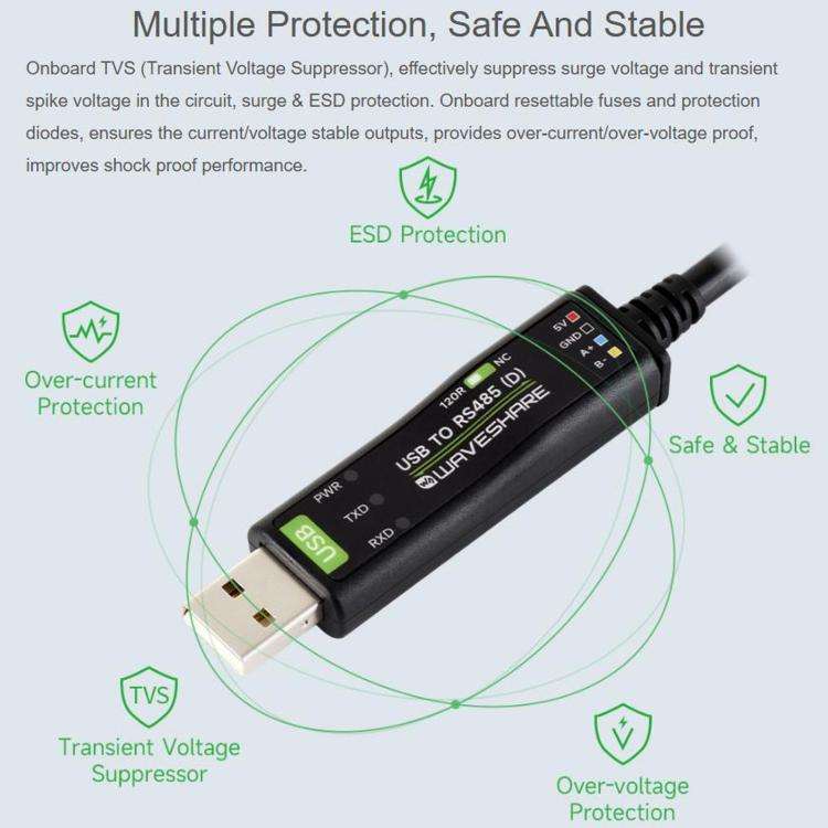 WAVESHARE USB To RS485 (D) Industrial Grade Isolated Bidirectional Converter, 2m Length, FT232RNL...