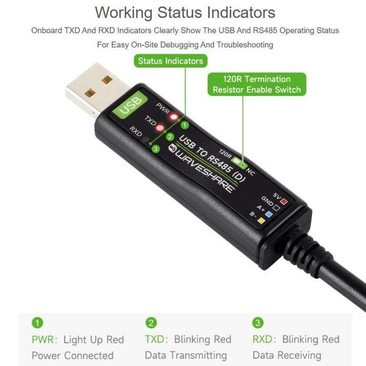 WAVESHARE USB To RS485 (D) Industrial Grade Isolated Bidirectional Converter, 2m Length, FT232RNL...