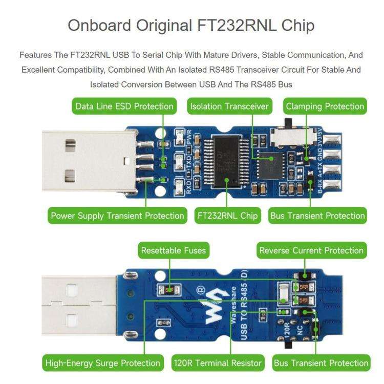 WAVESHARE USB To RS485 (D) Industrial Grade Isolated Bidirectional Converter, 2m Length, FT232RNL...