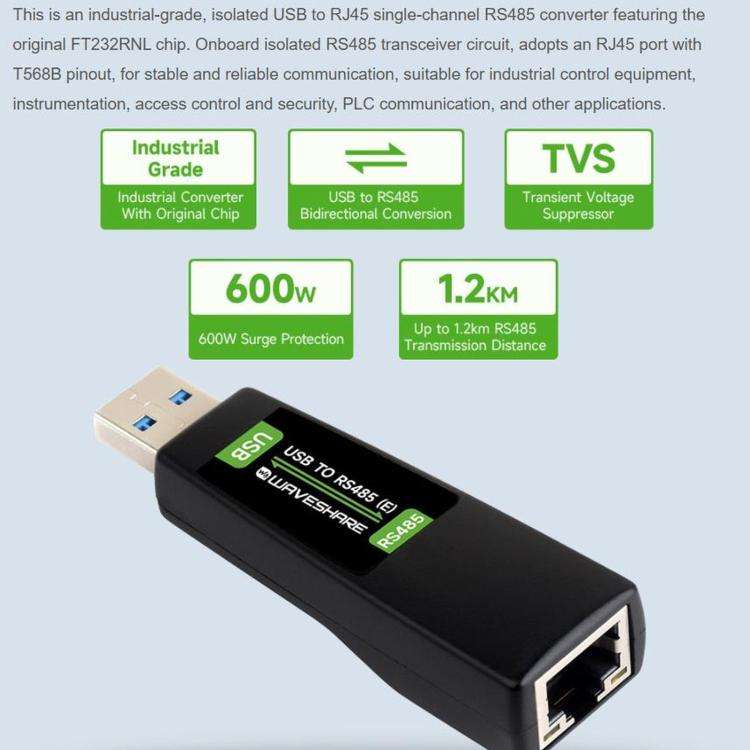 WAVESHARE USB To RS485 (E) Industrial-Grade Isolated Bidirectional Converter, Onboard FT232RNL Ch...