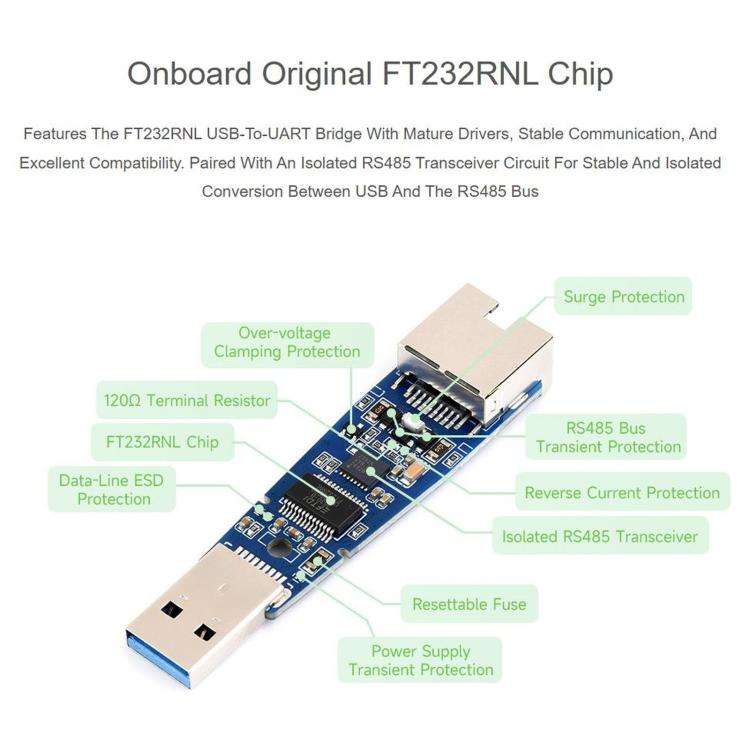 WAVESHARE USB To RS485 (E) Industrial-Grade Isolated Bidirectional Converter, Onboard FT232RNL Ch...