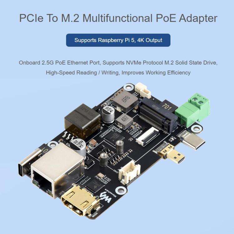 WAVESHARE PCIe To M.2 Multifunctional Adapter, 4K Output, Original RTL8125 2.5GbE Ethernet Contro...