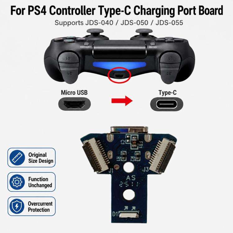 For PS4 Controller USB-C / Type-C Charging Port Board JDS-040/050/055 Power Socket Repair Mod Kit...
