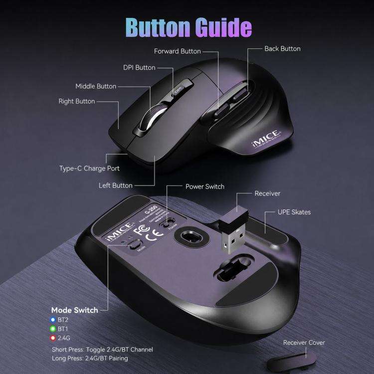 IMICE G209 Wireless Mouse Dual Mode Bluetooth 2.4G Ergonomic Rechargeable Optical Mice(Black)