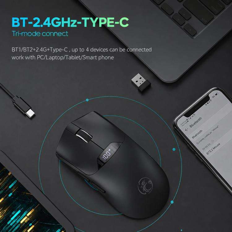 iMICE G206 Tri-Mode Wireless Gaming Mouse Lightweight Screen 12800DPI Rechargeable(Black)
