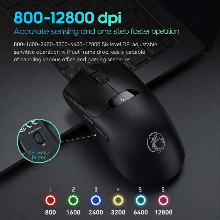 iMICE G206 Tri-Mode Wireless Gaming Mouse Lightweight Screen 12800DPI Rechargeable(Black)