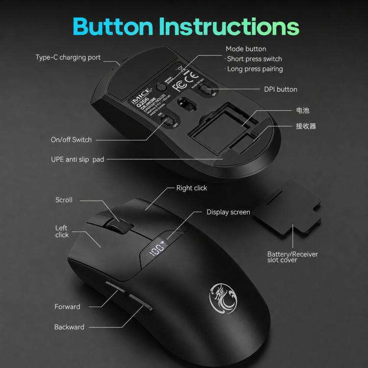 iMICE G206 Tri-Mode Wireless Gaming Mouse Lightweight Screen 12800DPI Rechargeable(Black)