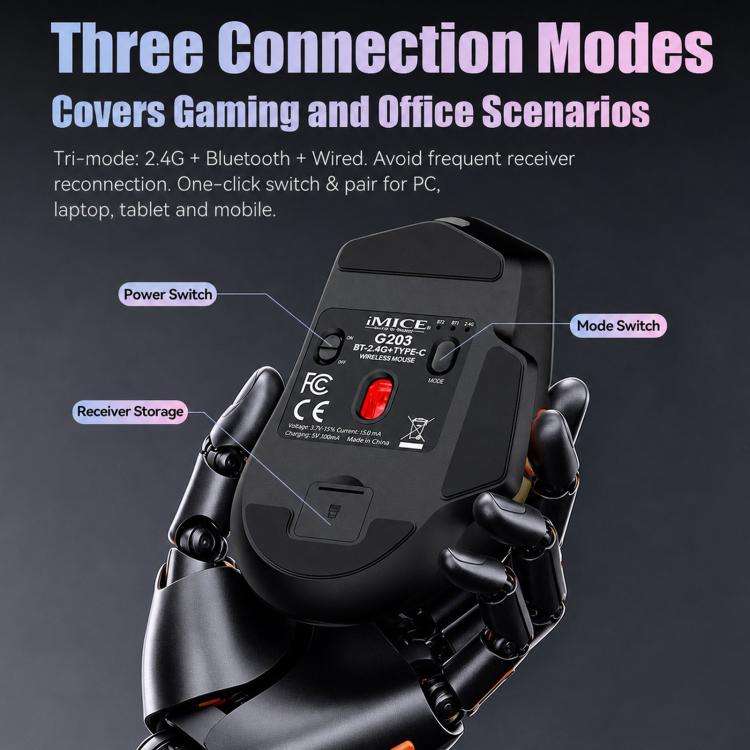 iMICE G203 Tri-Mode Wireless Gaming Mouse 12800 DPI 1000Hz Polling Rate Rechargeable RGB Mouse(Bl...