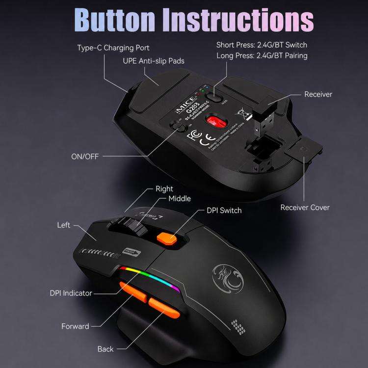 iMICE G203 Tri-Mode Wireless Gaming Mouse 12800 DPI 1000Hz Polling Rate Rechargeable RGB Mouse(Bl...