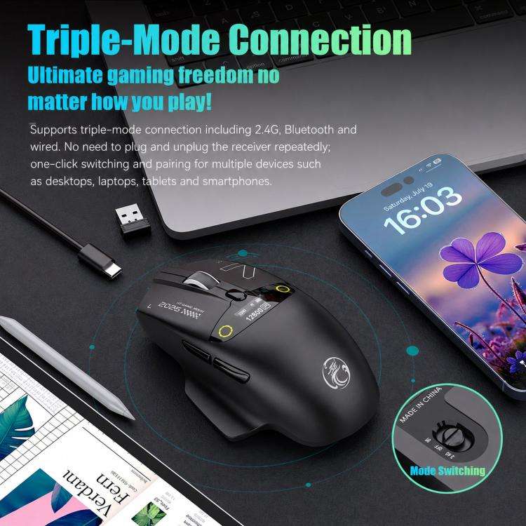 iMICE G205 Tri-Mode Wireless Gaming Mouse With Smart Display Screen 12800 DPI Rechargeable Ergono...