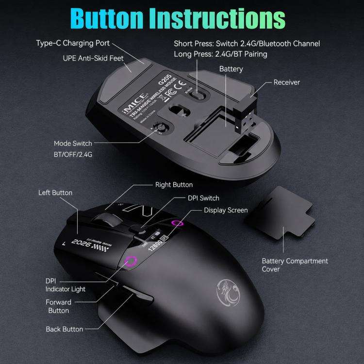 iMICE G205 Tri-Mode Wireless Gaming Mouse With Smart Display Screen 12800 DPI Rechargeable Ergono...