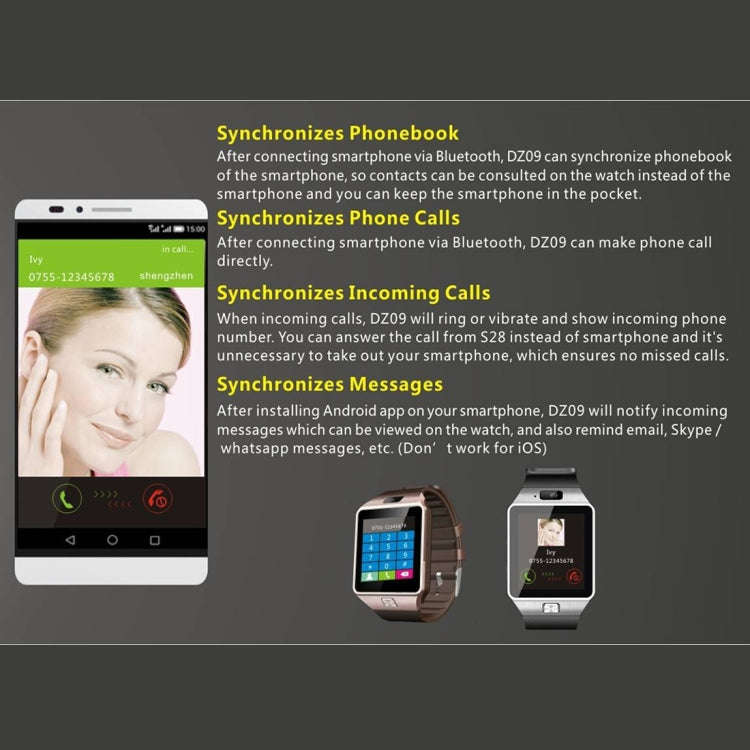DZ09 1.56 inch Screen Bluetooth 3.0 Android 4.1 OS Above Smart Watch Phone with Bluetooth Call & ...