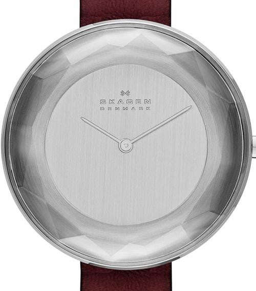 Authentic SKAGEN Denmark Burgundy Leather Faceted Glass Ladies Watch
