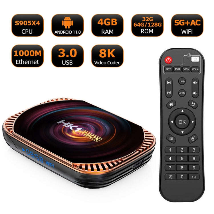 HK1RBOX X4 4K TV Box, Android 11 Amlogic S905X4 CPU with RC 4GB+128GB(UK Plug)