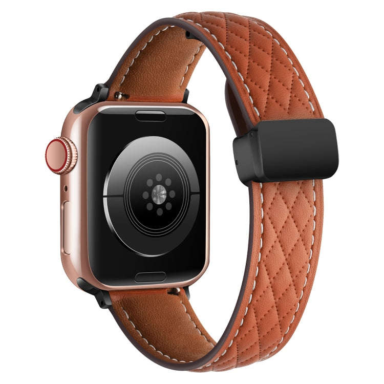 For Apple Watch 7 41mm Folding Buckle Rhombus Leather Watch Band(Brown)