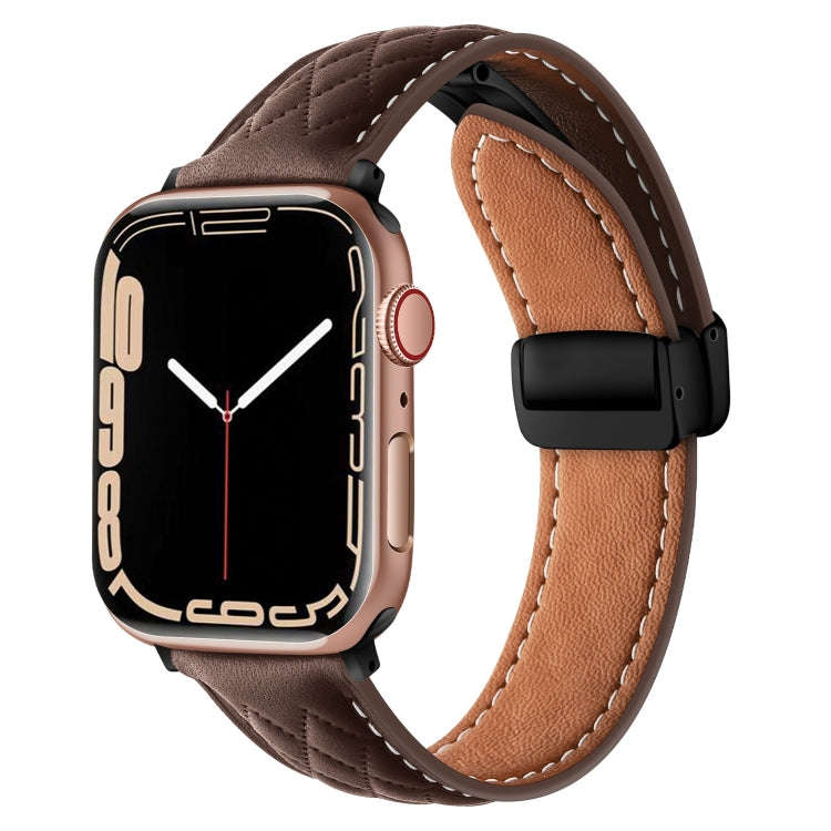 For Apple Watch 6 44mm Folding Buckle Rhombus Leather Watch Band(Coffee)