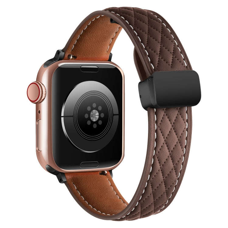 For Apple Watch 3 38mm Folding Buckle Rhombus Leather Watch Band(Coffee)