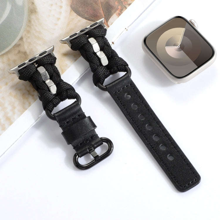 For Apple Watch Series 7 41mm Paracord Genuine Leather Watch Band(Black)