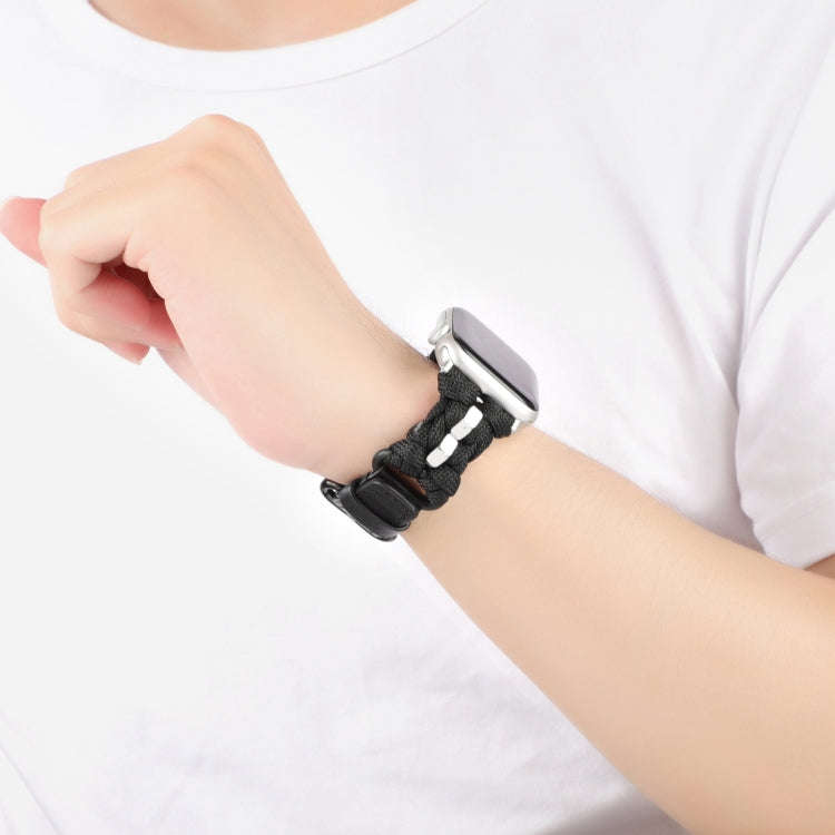 For Apple Watch Series 7 41mm Paracord Genuine Leather Watch Band(Black)
