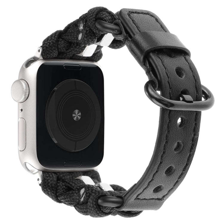 For Apple Watch Series 7 41mm Paracord Genuine Leather Watch Band(Black)