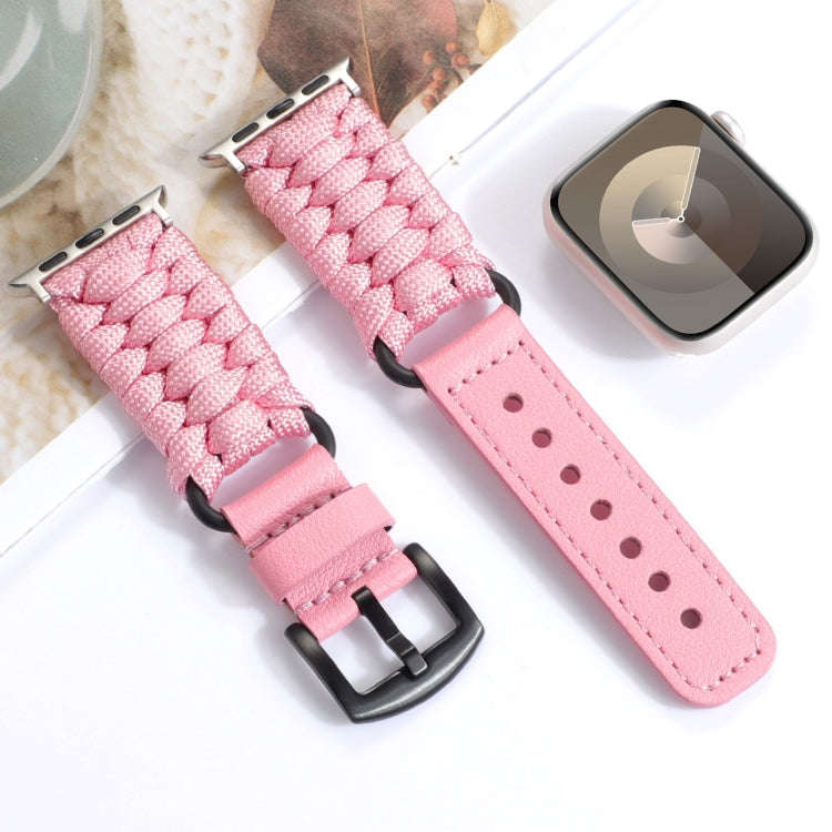 For Apple Watch Series 7 45mm Plain Paracord Genuine Leather Watch Band(Pink)