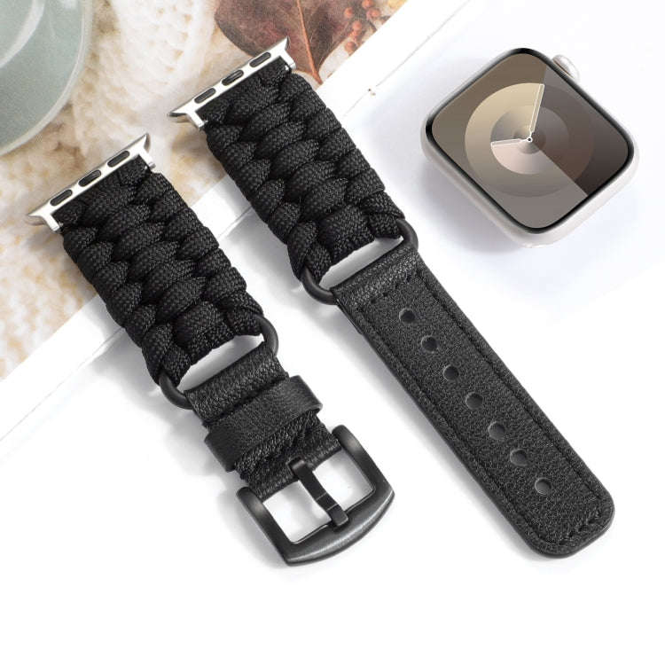 For Apple Watch Series 6 40mm Plain Paracord Genuine Leather Watch Band(Black)