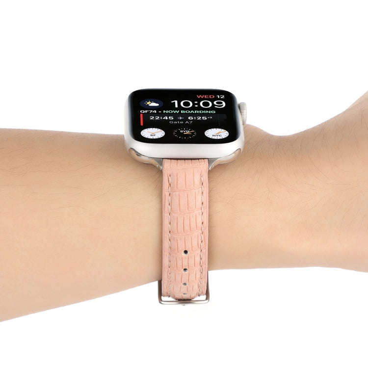 For Apple Watch SE 44mm Slim Crocodile Leather Watch Band(Pink)