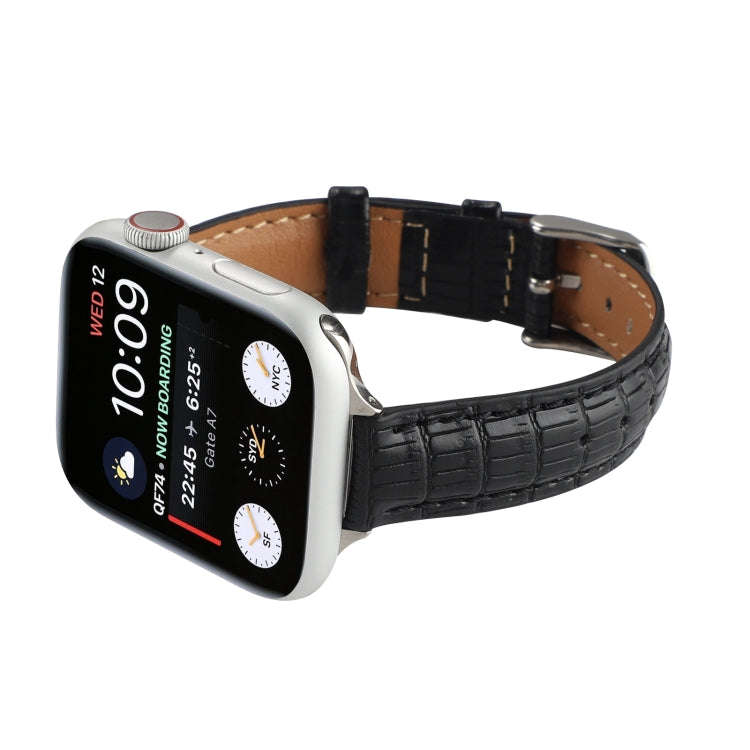 For Apple Watch SE 44mm Slim Crocodile Leather Watch Band(Black)