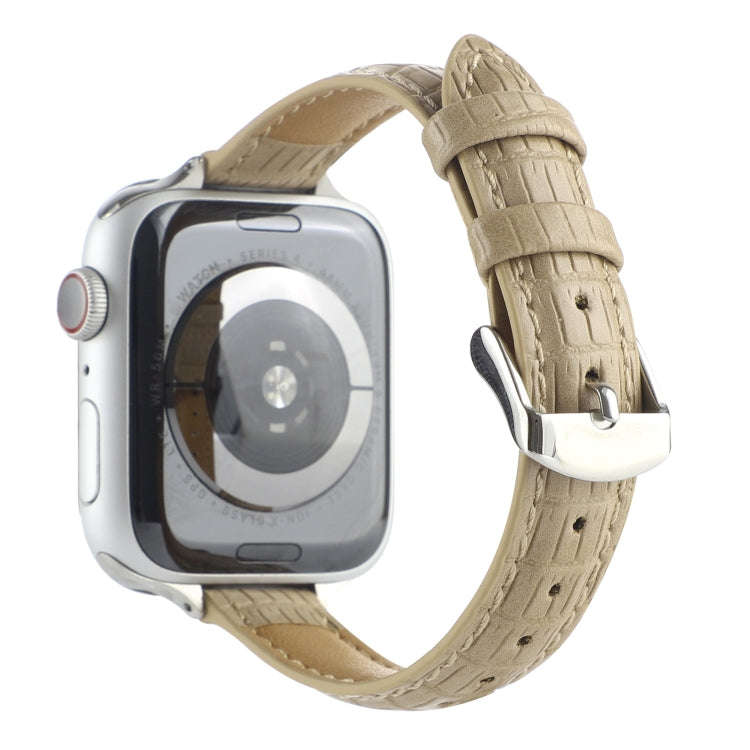 For Apple Watch 38mm Slim Crocodile Leather Watch Band(Khaki)