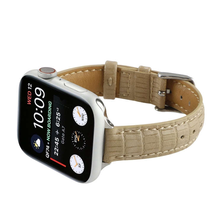 For Apple Watch 38mm Slim Crocodile Leather Watch Band(Khaki)