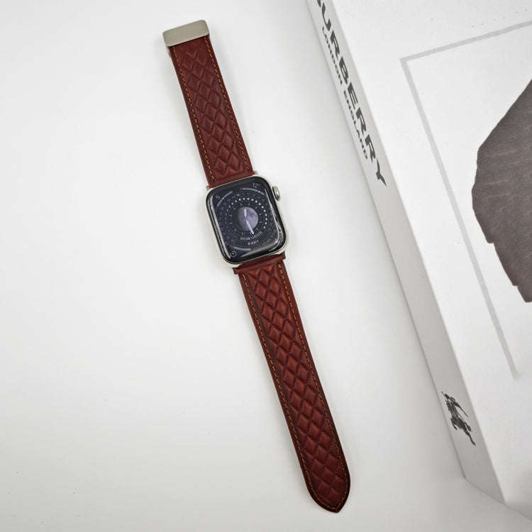 For Apple Watch Series 7 41mm Rhombus Pattern Magnetic Folding Buckle Leather Watch Band(Red)