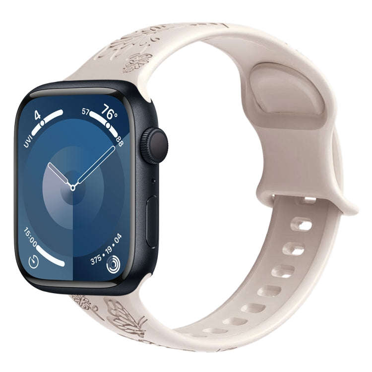 For Apple Watch Series 7 41mm Butterfly Flower Embossed Silicone Watch Band(Starlight)