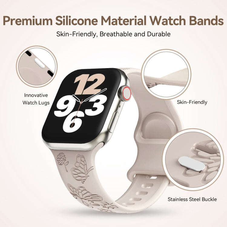 For Apple Watch Series 6 44mm Butterfly Flower Embossed Silicone Watch Band(Starlight)