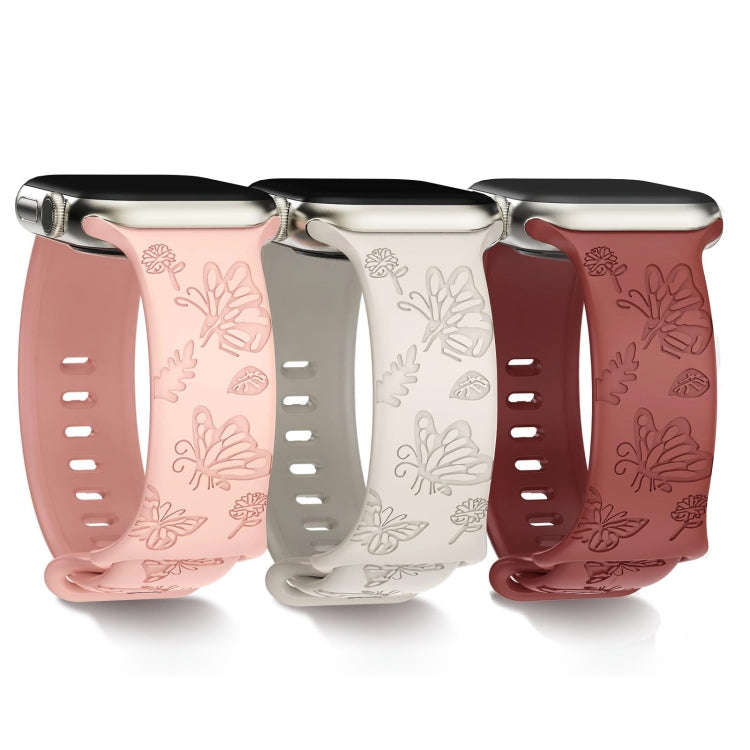 For Apple Watch Series 6 44mm Butterfly Flower Embossed Silicone Watch Band(Starlight)