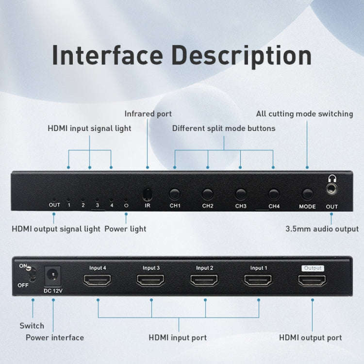 Measy MV4341 4K 30Hz 4 In 1 Out HDMI Quad Screen Splitter, Plug Type: US Plug (Black)