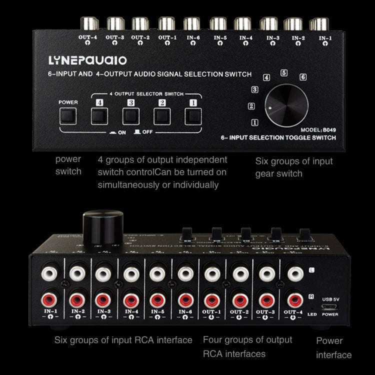 6 In 4 Out RCA Audio Switcher Signal Selector Distribute Device Switch Control