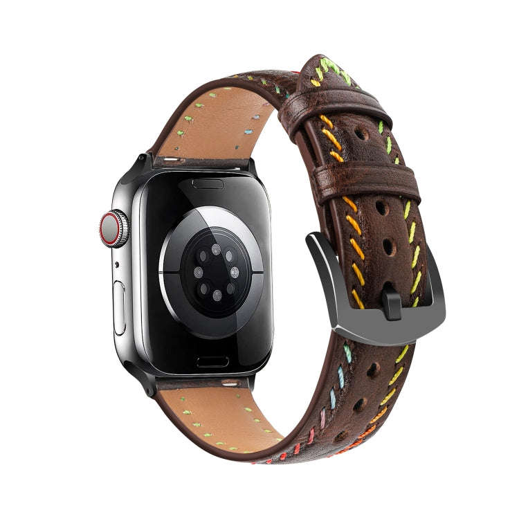 For Apple Watch Series 7 41mm Colorful Sewing Thread Leather Watch Band(Dark Brown)